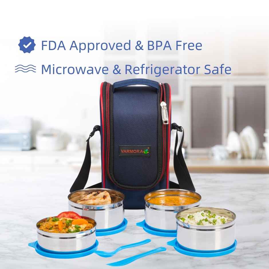 Varmora SS Mini Xclusive Lunch Box with Bag - Blue- 4 Storage Containers with Spoon and Fork