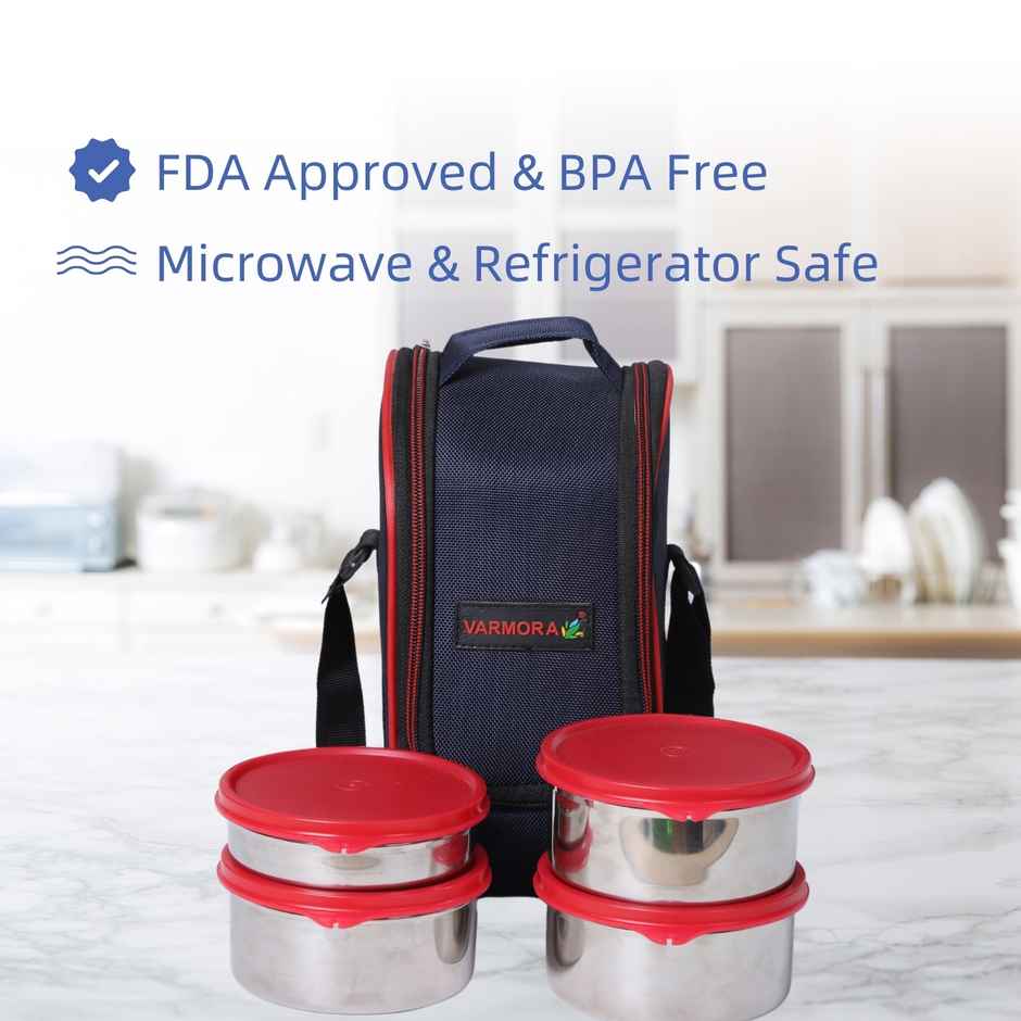 Varmora SS Mini Xclusive Lunch Box- Raspberry Pink - 4 Storage Containers with Spoon and Fork