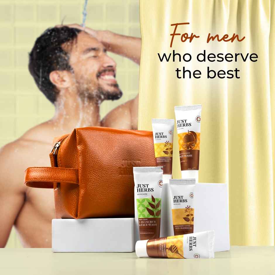 Just Herbs Men 7-Day Face Care Essential Travel Kit With Free Pouch 2-In-1 Face Wash & Scrub