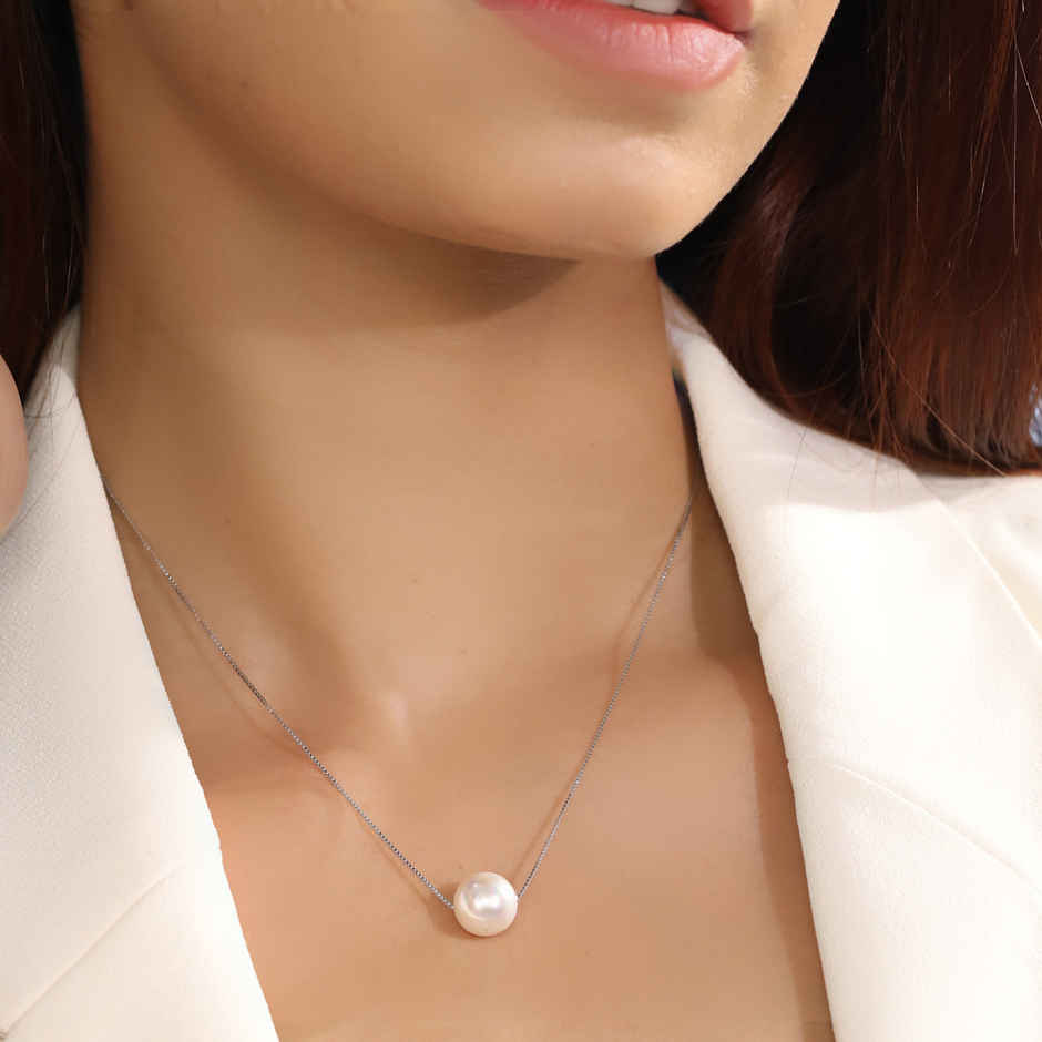 Zavya Pearl Rhodium Plated 925 Sterling Silver Pendant Necklace