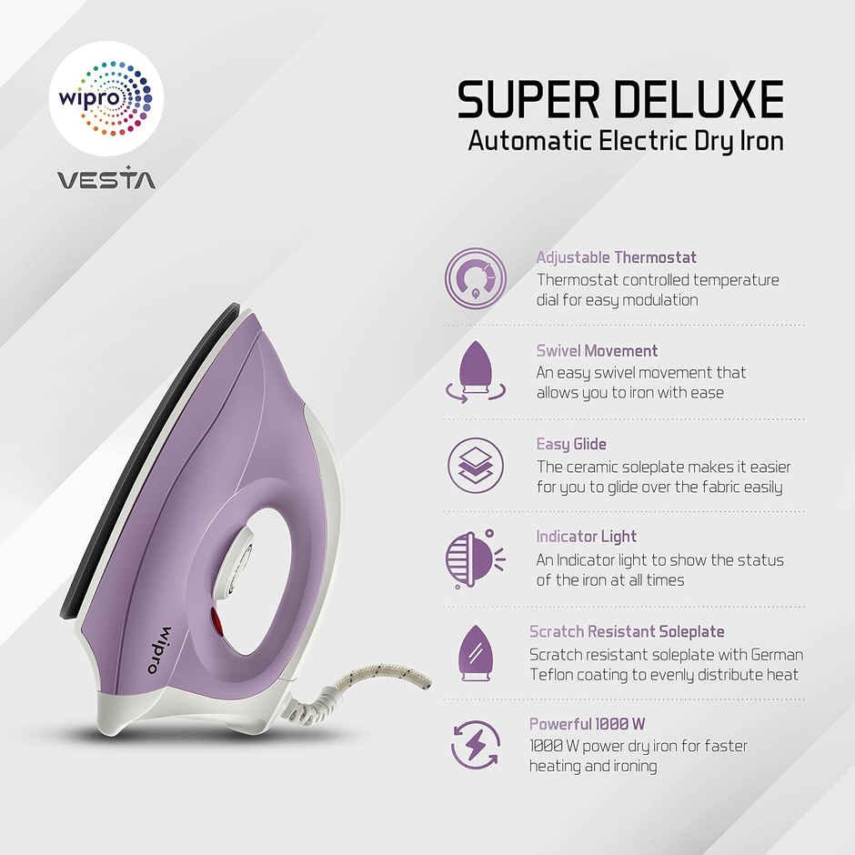 Wipro Gd205 Super Deluxe 1000 Watt Electric Dry Iron, Light Weight,Violet