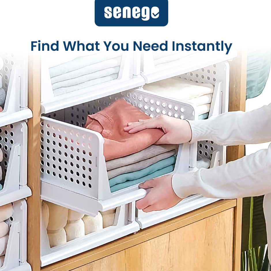 Senego Folding Wardrobe Clothes Organizer - Pack of 4, Stackable (White)