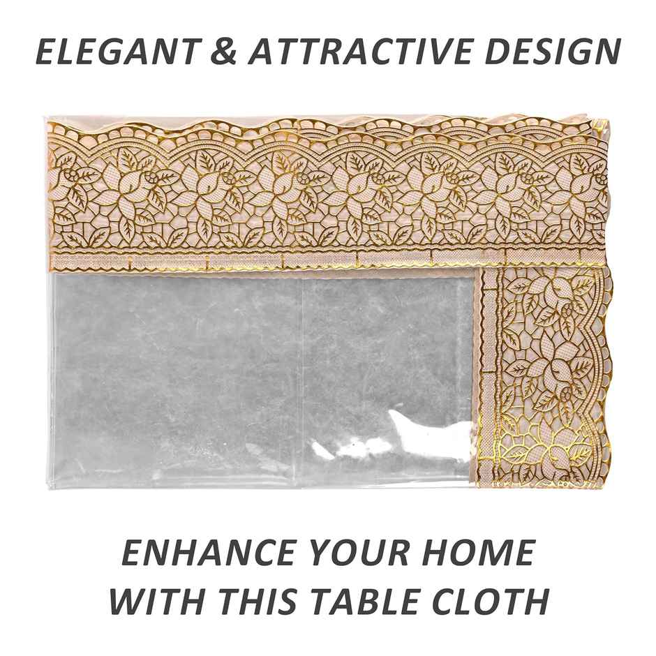 Kuber Industries PVC 6 Seater Transparent Dining Table Cover with Golden Lace