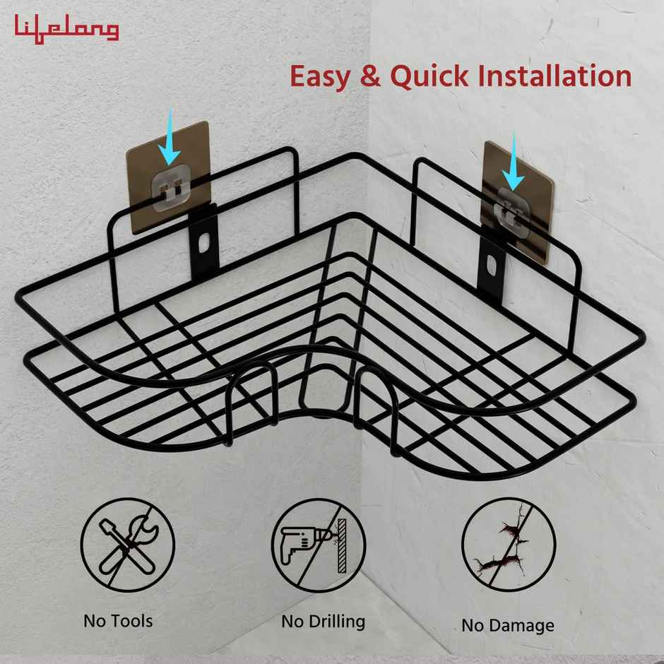 Lifelong Bathroom Corner Shelf For Storage - Mild Steel Wall Mounted Washroom Rack Pack Of 2 Black