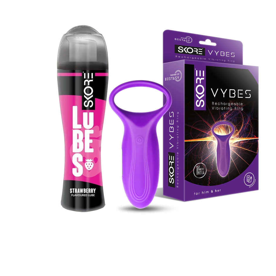 Skore Lubes - Strawberry Flavour (50ml) & Skore Vibrating Rings - Vybes (1pc) Combo