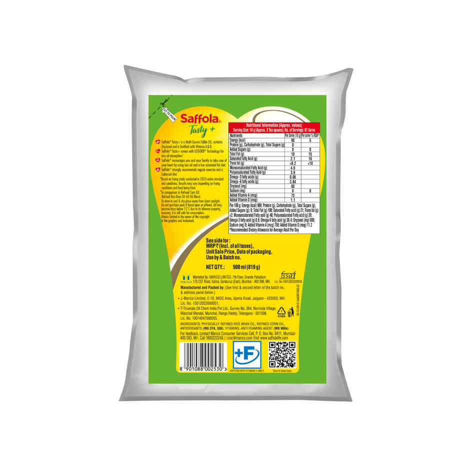 Saffola Tasty + Refined Rice bran & Corn Oil | 50% More Oryzanol | Multi-Source Edible Oil