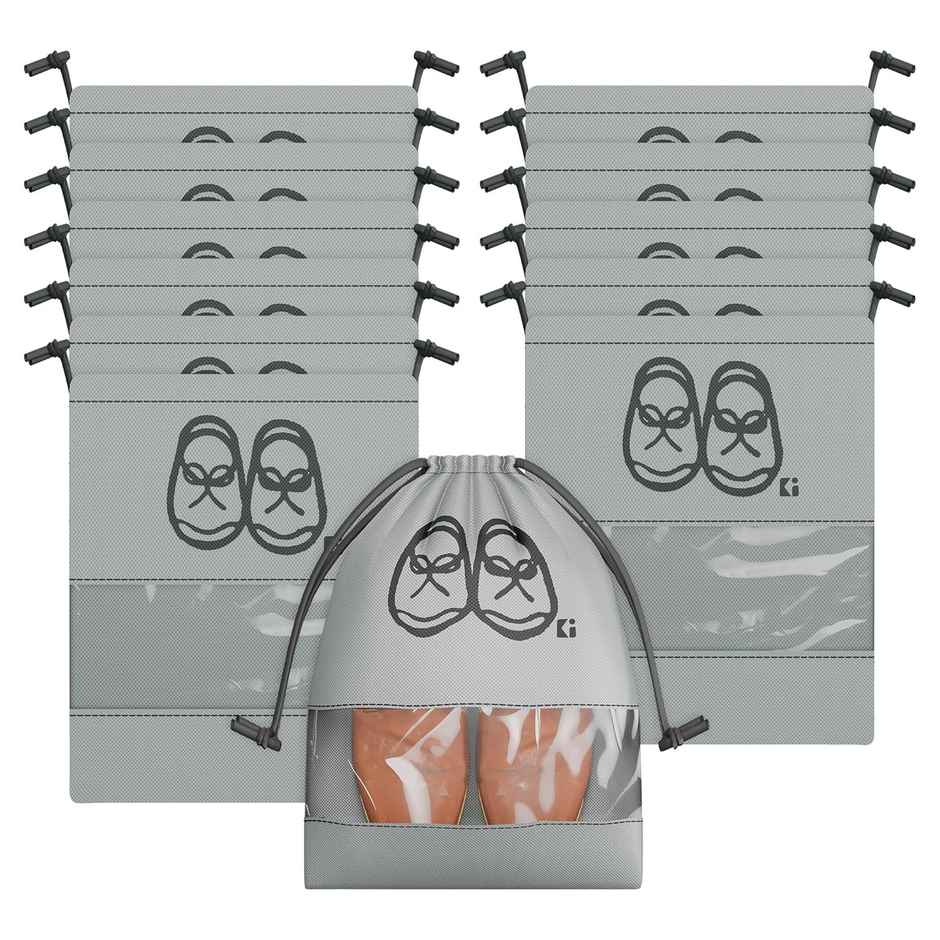 Kuber Industries Non Woven Pack of 12 Shoe Cover/String Bag Organizer Transparent Window | Grey