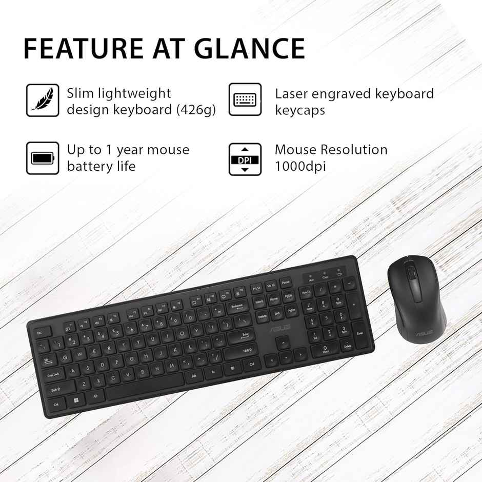 Asus Wireless Keyboard & Mouse Set Cw101 | Upto 1000 Adjustable DPI | 2.4 Ghz Nano Receiver | Black