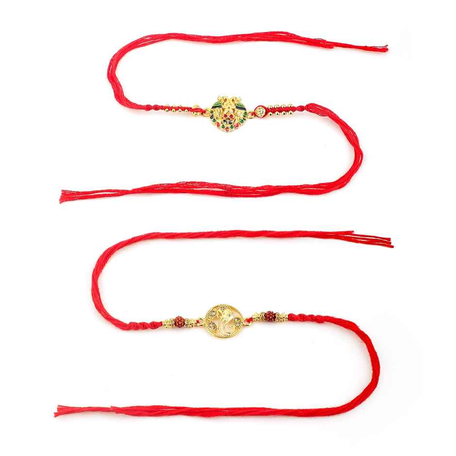 Rubans Ganesha and Peacock Motif Rakhi - Gold Tone