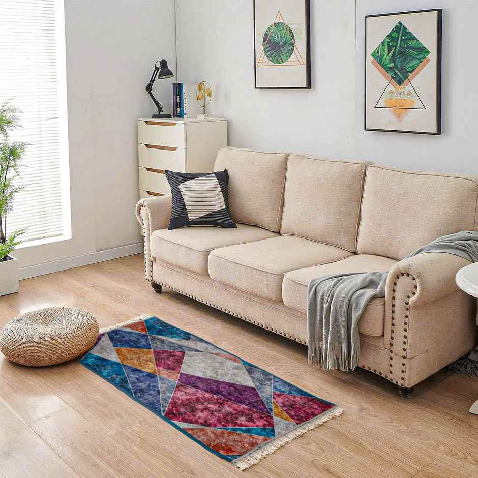 Status Ice Velvet Mat Floor Runner | 2 ft x 4 ft | Pink, Blue & Mustard