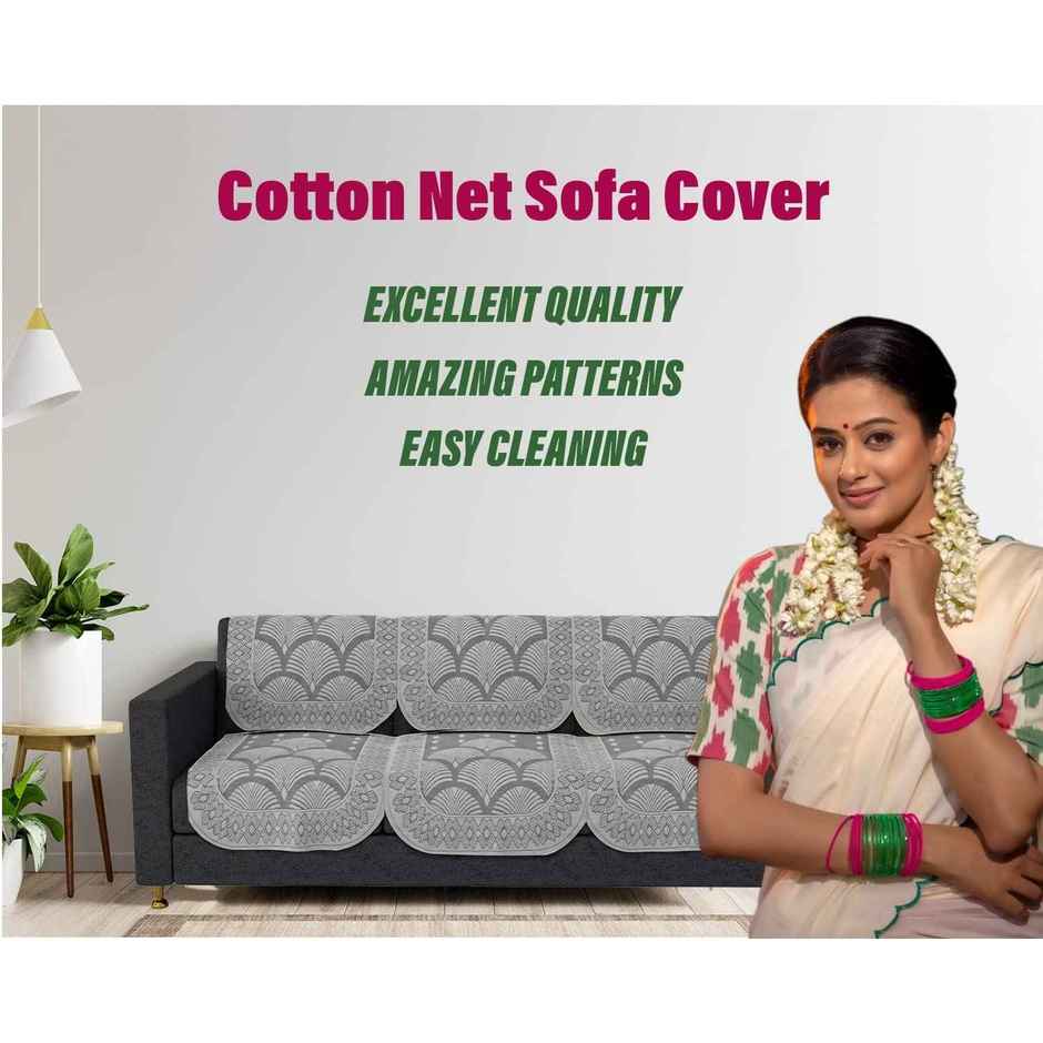 Kuber Industries Cotton Net Rainbow Pattern 5-Seater Sofa Cover for Home Decor|Living room|White