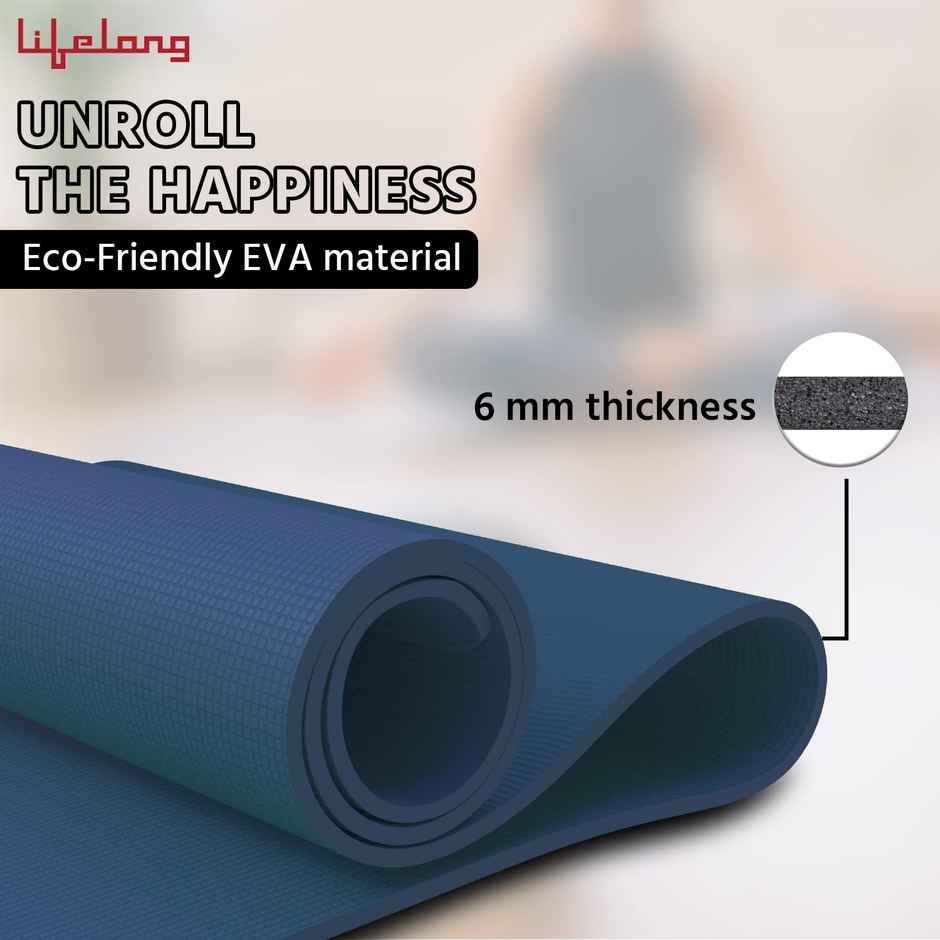 Lifelong 6mm Yoga Mat with Carry Strap for Gym & Home Workout | Blue