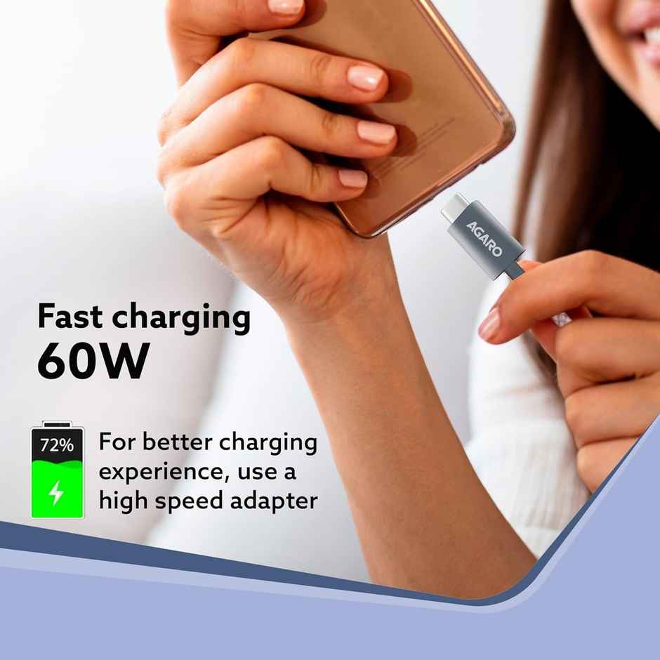 Agaro Type C to Type C Cable, 60W, 4A, Supports PD, Nylon Braided Fast Charging Cable Compatible With Type C Devices Including Android Phone, iPhone, Laptop & MacBook, 1M, 480 Mbps Data Transmission