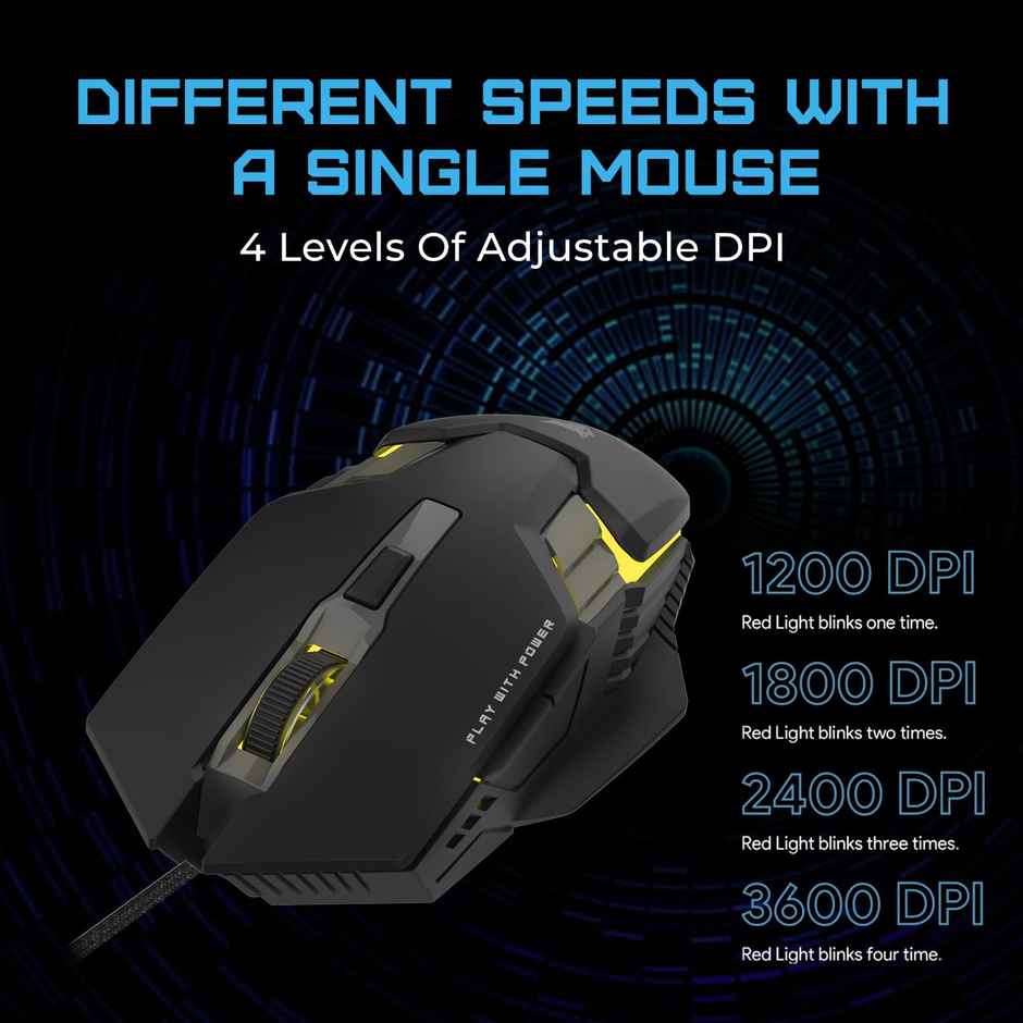 EvoFox Spectre Wired Gaming Mouse, with Upto 3600 DPI Gaming Sensor | 6 Buttons Design | 1.5m Braided Cable - Black