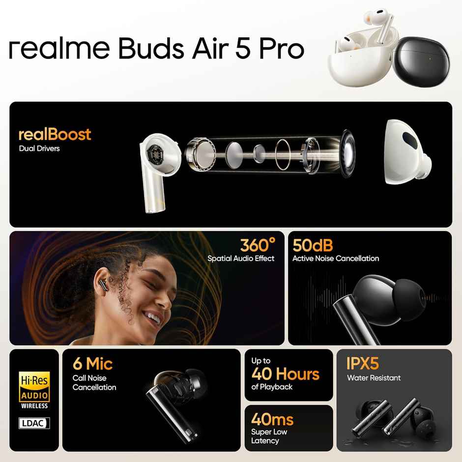 Realme Buds Air 5 Pro Wireless In-Ear Earbuds With 50Db Anc Realboost Dual Coaxial - Sunrise Beige
