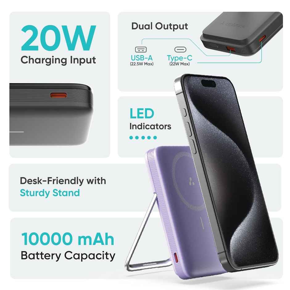 Ambrane Magsafe Wireless 10000Mah Fast Charging Power Bank, Strong Magnet, Micro USB Input, 22.5W Output For Iphone 12 Above, Android & Other Qi Enabled Devices + Magnetic Ring - Black