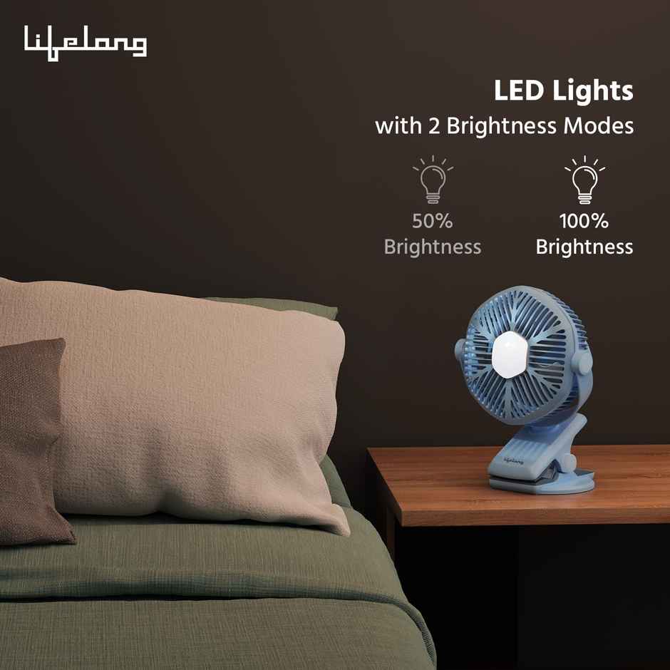 Lifelong 125mm Rechargable Fan with Clip & LED Light|Portable Fan, USB Fan, Mini Fan, Table Fan, Small Fan, Car Fan, Kitchen Fan|5hr Battery Back-up, 3 Speed Settings, Low Noise, Energy Efficient - Blue