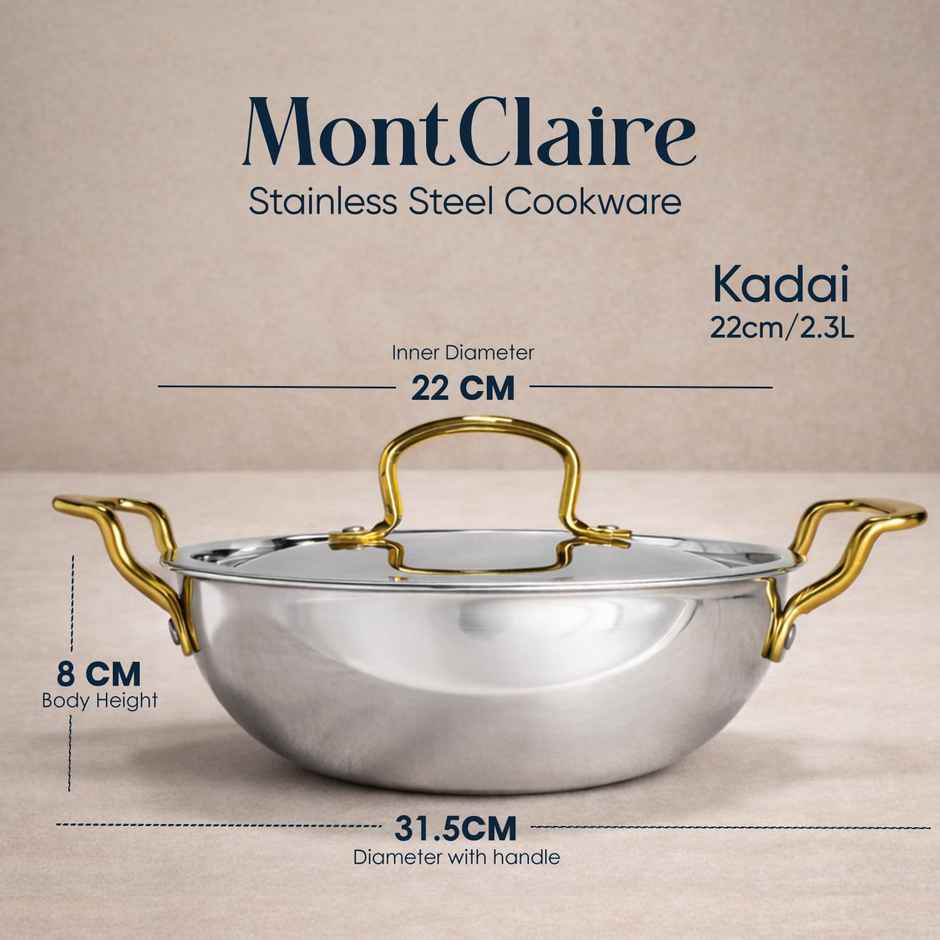 Solara MontClaire Triply Stainless Steel Kadhai with Golden Handle | 22 cm | 2.3 L