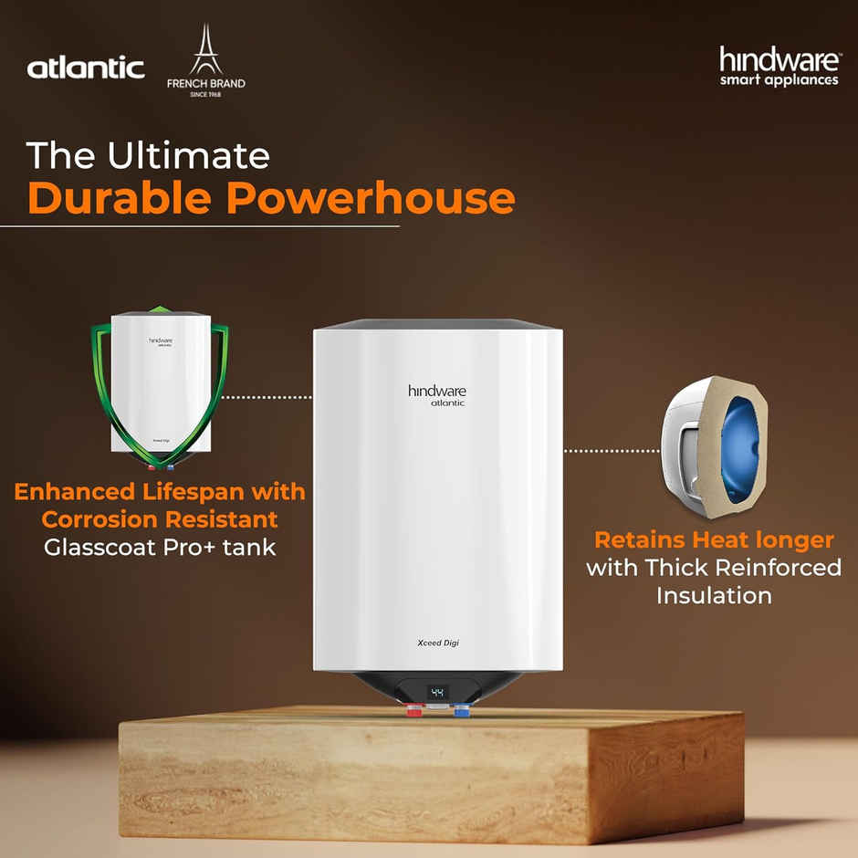 Hindware Smart Appliances Xceed Digi 10L, 2Kw, Glasslined Coated Tank, Storage Water Heater, White