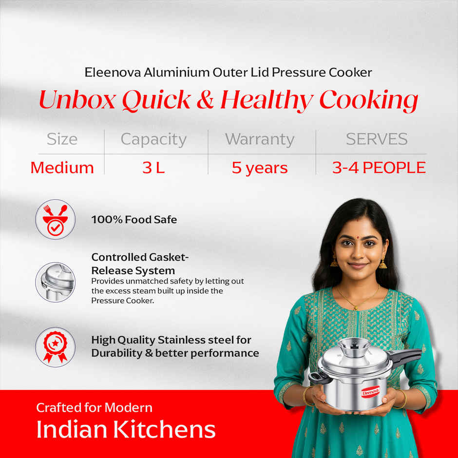 Eleenova Vintage Anti Spill Aluminium Outer Lid Pressure Cooker with Spill Bowl | 3 L