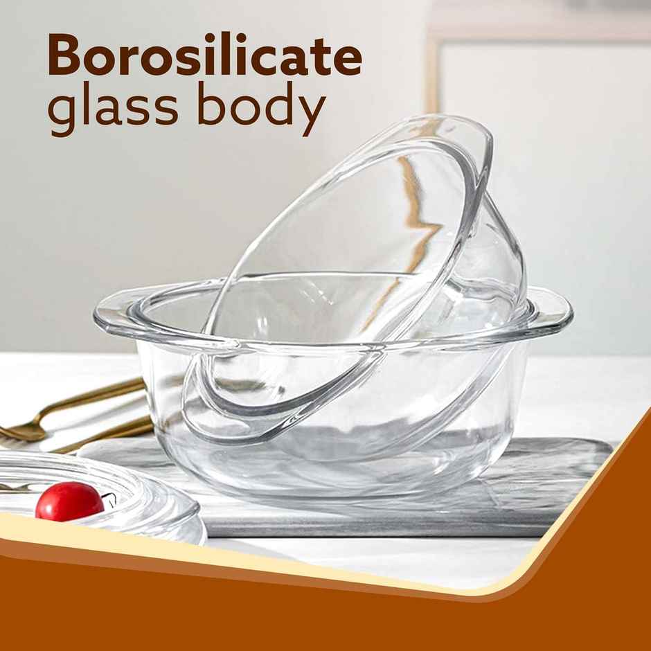 Agaro Elite Glass Casseroles With Lid, Set of 2, Borosilicate Glass,Serving Bowl, 700ml & 1000 ml