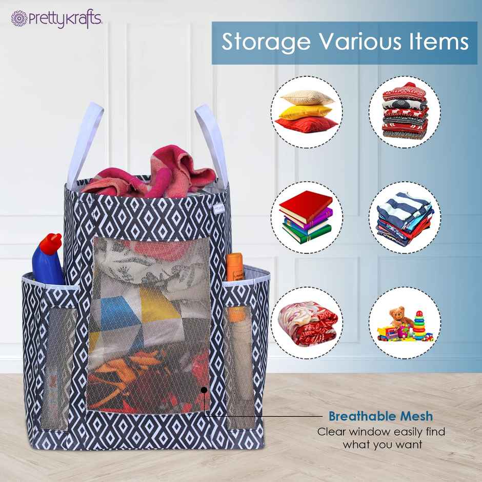 Prettykrafts Laundry Basket,Collapsible And With Side Pocket Black