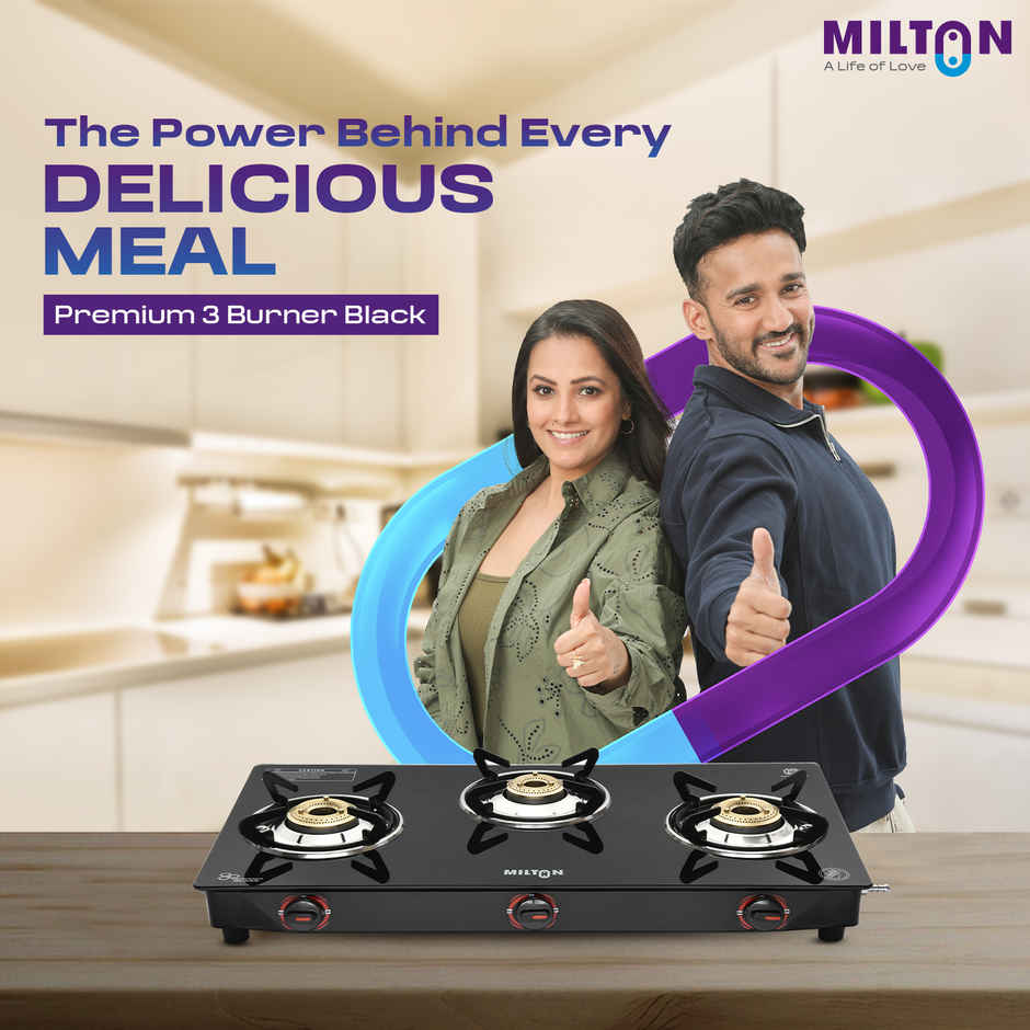 Milton Premium 3 Burner Black Manual Ignition Glass Top Gas Stove | ISI Certified
