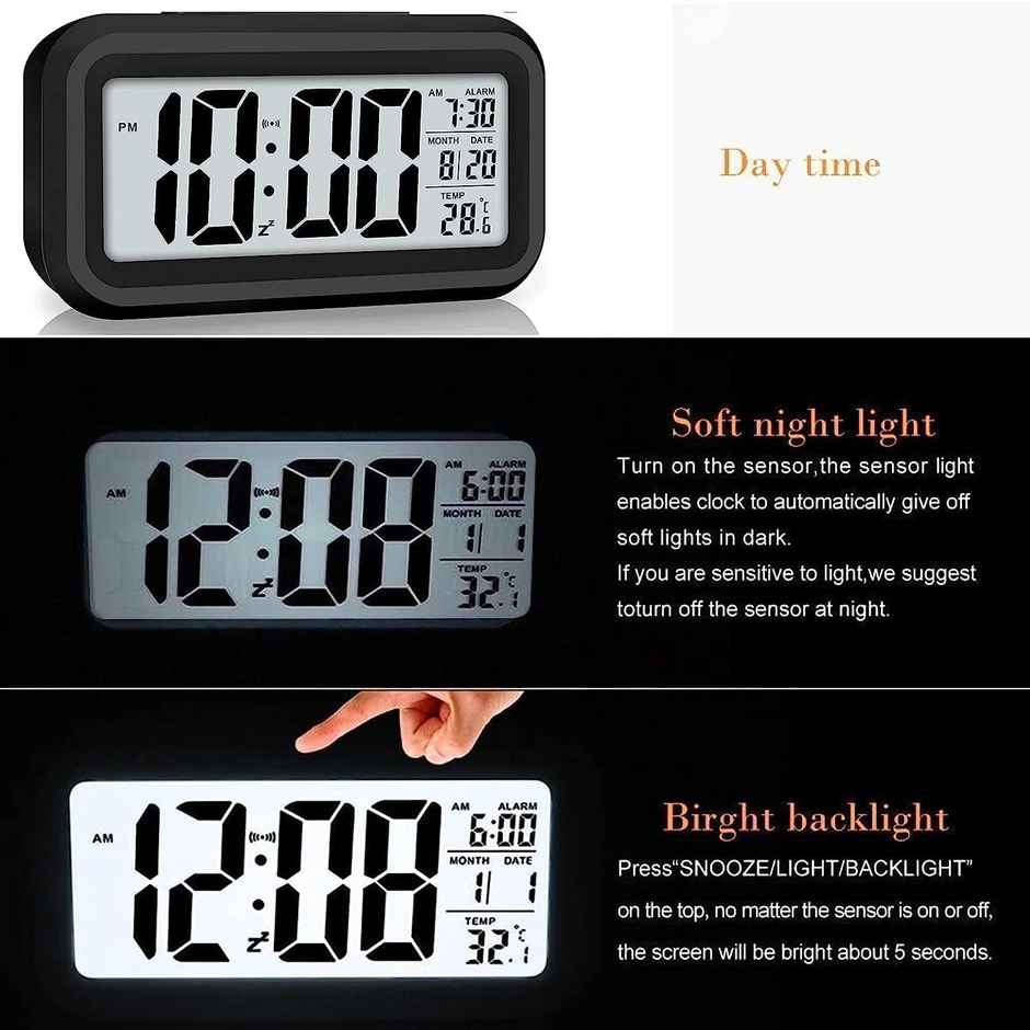 Perpetual Automatic Sensor, Time, Date & Temperature Clock | Black - 9 x 5 cm