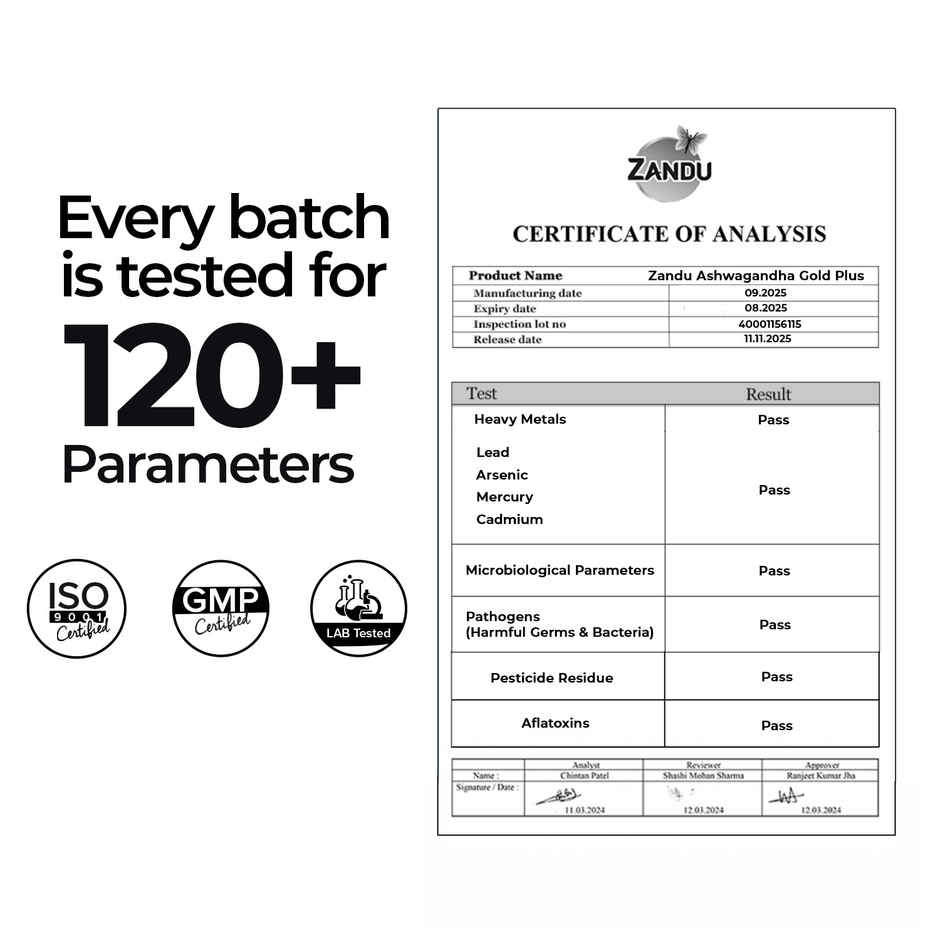 Zandu Ashwagandha Gold Plus Made with 24K Pure gold 9 Potent Herbs, Helps Improves Strength