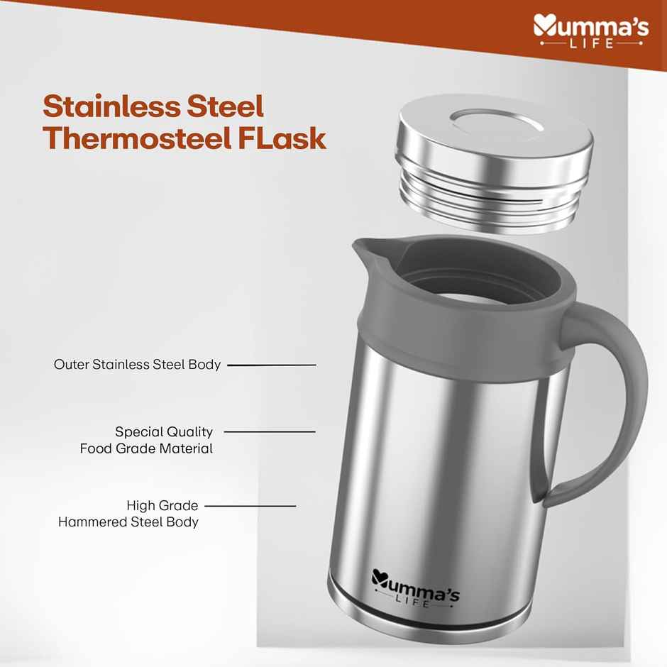 Mumma's Life Insulated Steel Flask Food Grade Plastic | High Grade Stainless Steel Grey | 800 ml