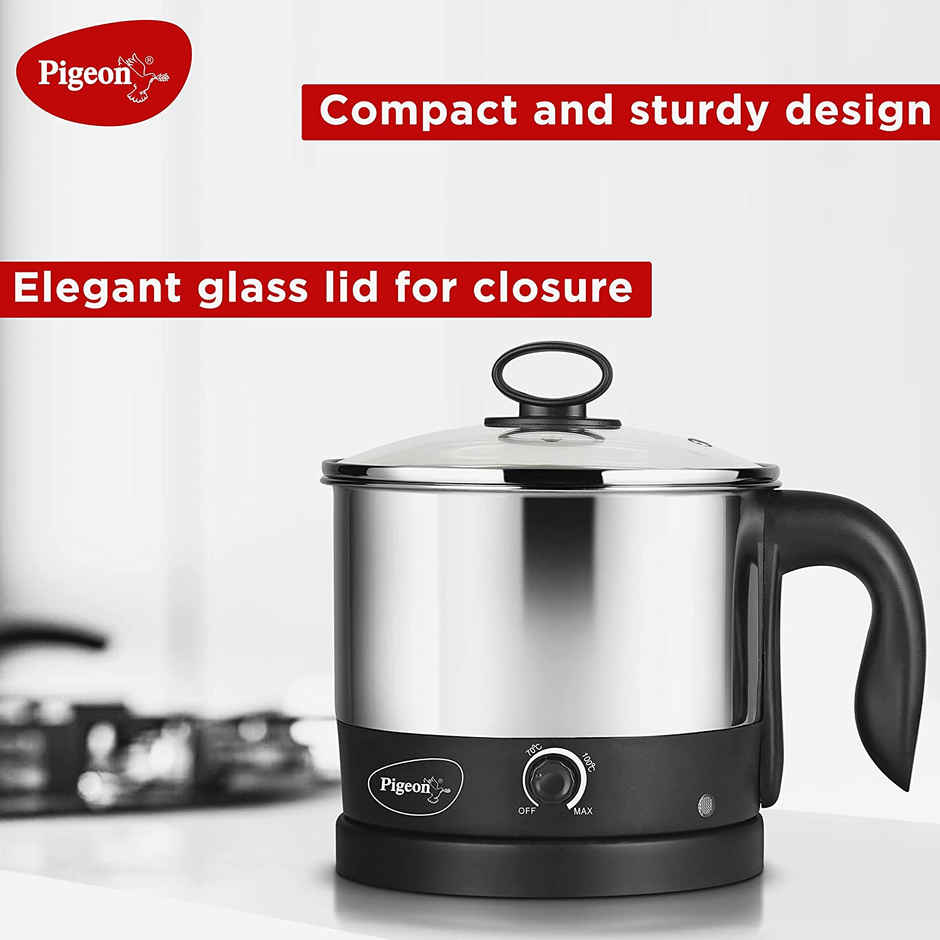 Pigeon Kessel Multipurpose Kettle (12173) with Stainless Steel Body, 1.2 litres, 600 Watt - Black & Silver