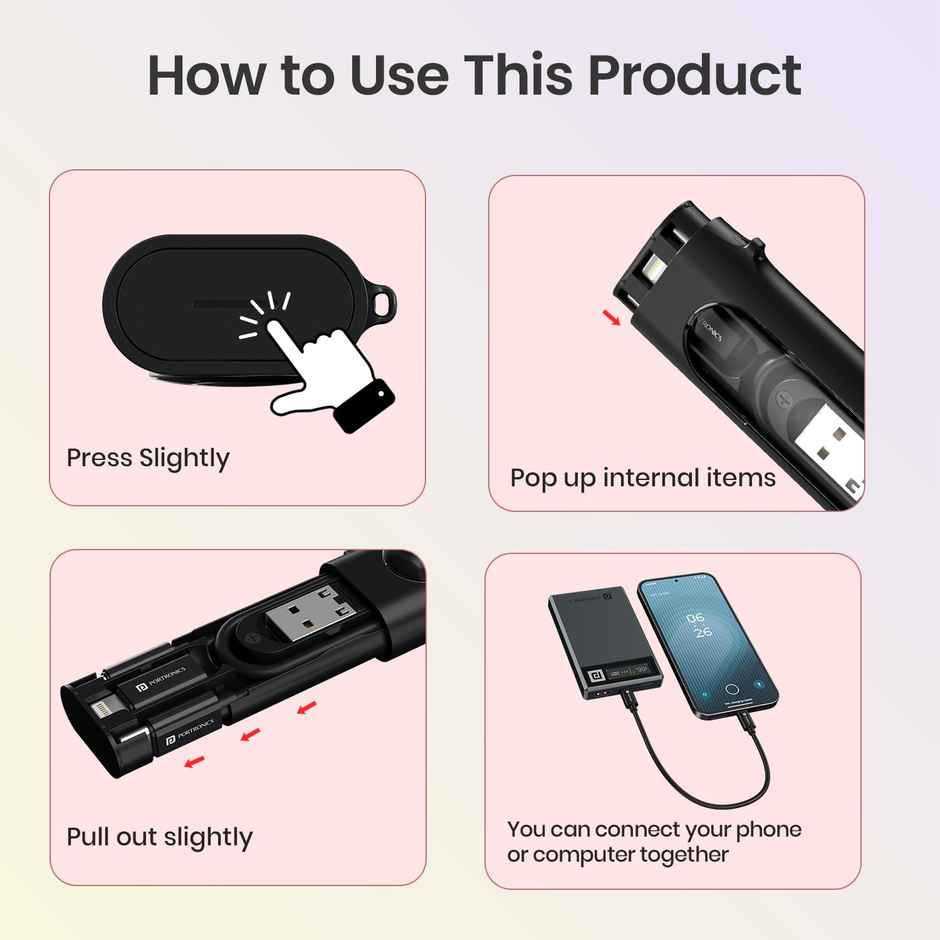 Portronics SnapCase 4 Multipurpose Charging Cable & Connector Black