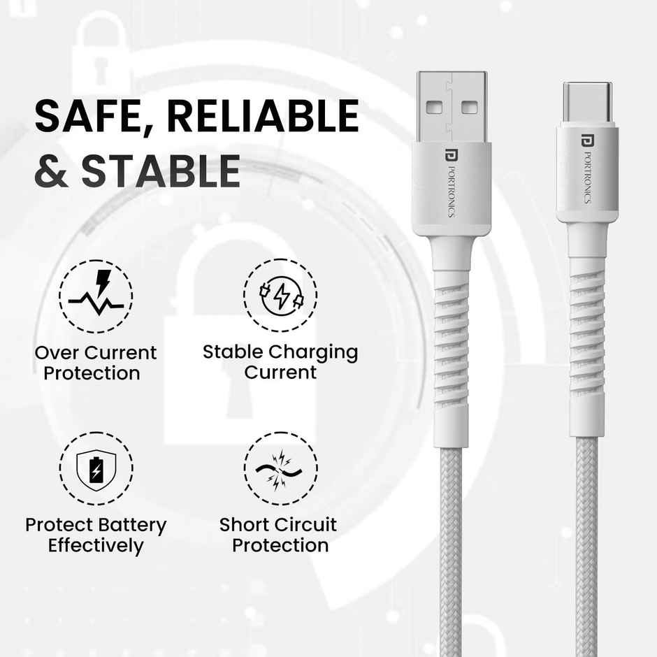 Portronics Konnect X USB to Type C 3A Nylon Braided Cable 2M | Fast Charging | All Devices | White