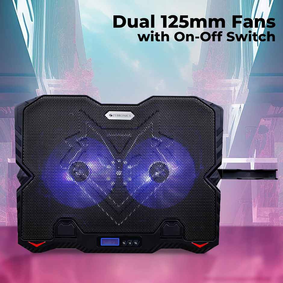 Zebronics NC5500D Powerful Laptop Cooler with Dual 125mm Fans, Silent Operation, Adjustable Fan Speed, Display, Controls, USB, 5 Step Retractable Stand and Mobile Holder - Black