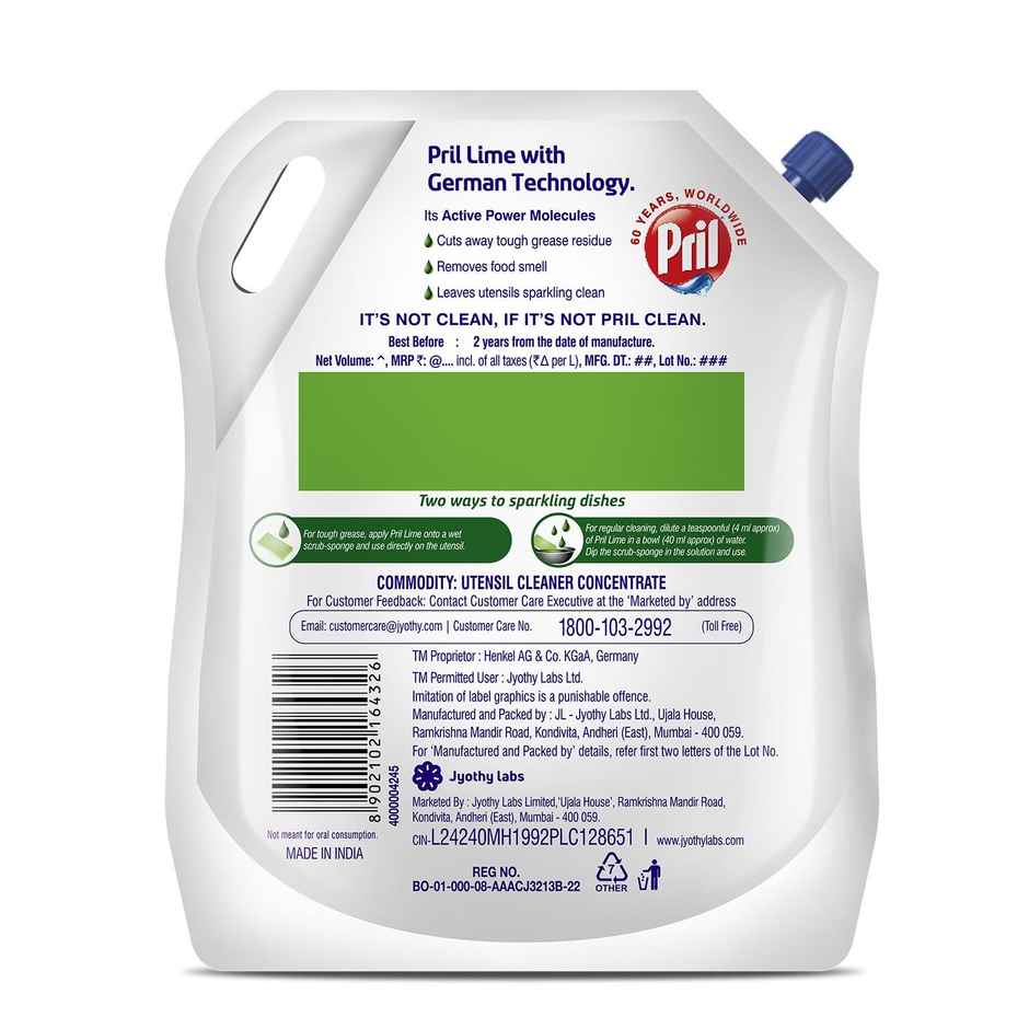 Pril Lime Dishwash Liquid Pouch(2l) & Scotch Brite Scrub Pad(5pc) Combo 