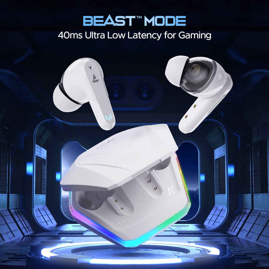 boAt Immortal 161 TWS Earbuds for Gaming w/ 40H Playtime, BEAST Mode & RGB LEDs (White Sabre)