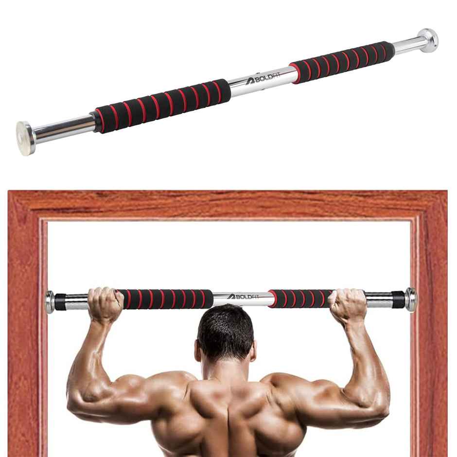 Boldfit Pullup Bar For Home Workout, Doorway Adjustable Hanging Rod,Anti-Skid,Red Max 100 kg - Red
