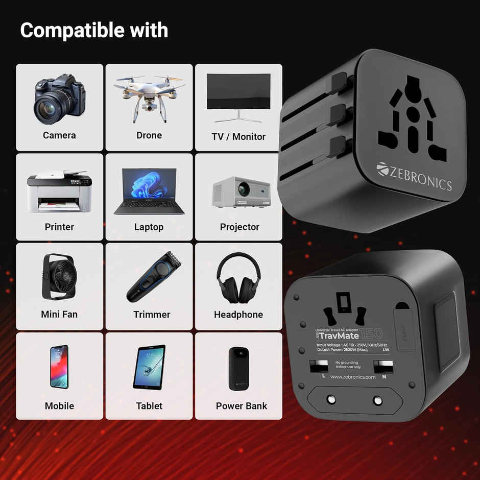 Zebronics Travmate 150 2500W Universal Travel Adapter, Upto 10A, 9-Hole Socket, Fuse Protection