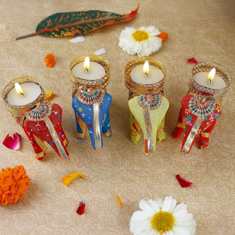 Elephant Design Diya for Diwali Celebration | Multicolour | Pack Of 4 | Party Propz
