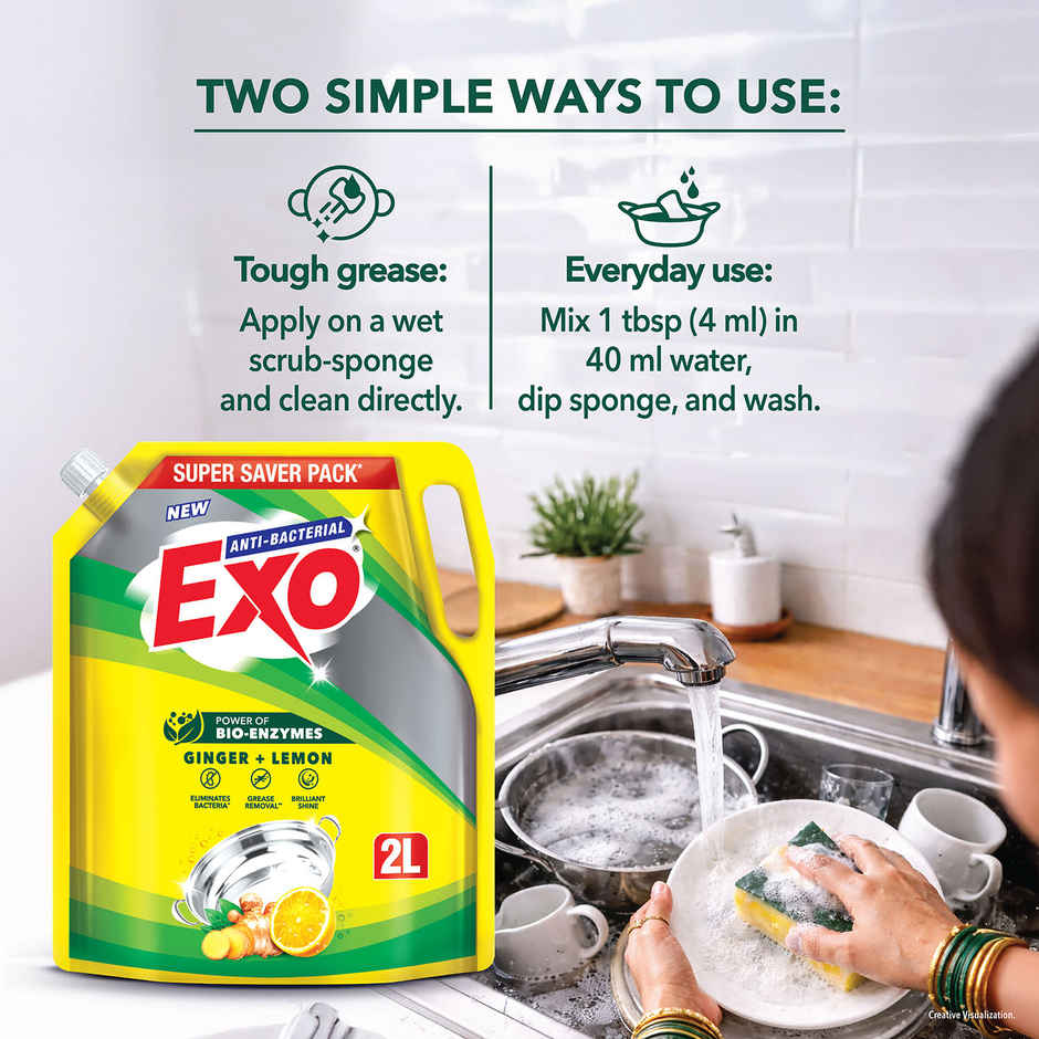 Exo Ginger & Lemon Anti Bacterial Dishwash Liquid | Tough Grease Removal with Power of Bio-Enzymes