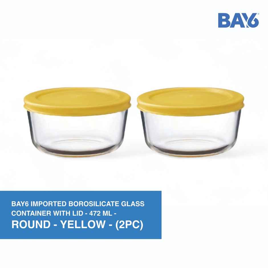 BAY6 Premium Imported Borosilicate Glass Container with Lid -472 ml - Round - Set of 2 - Yellow