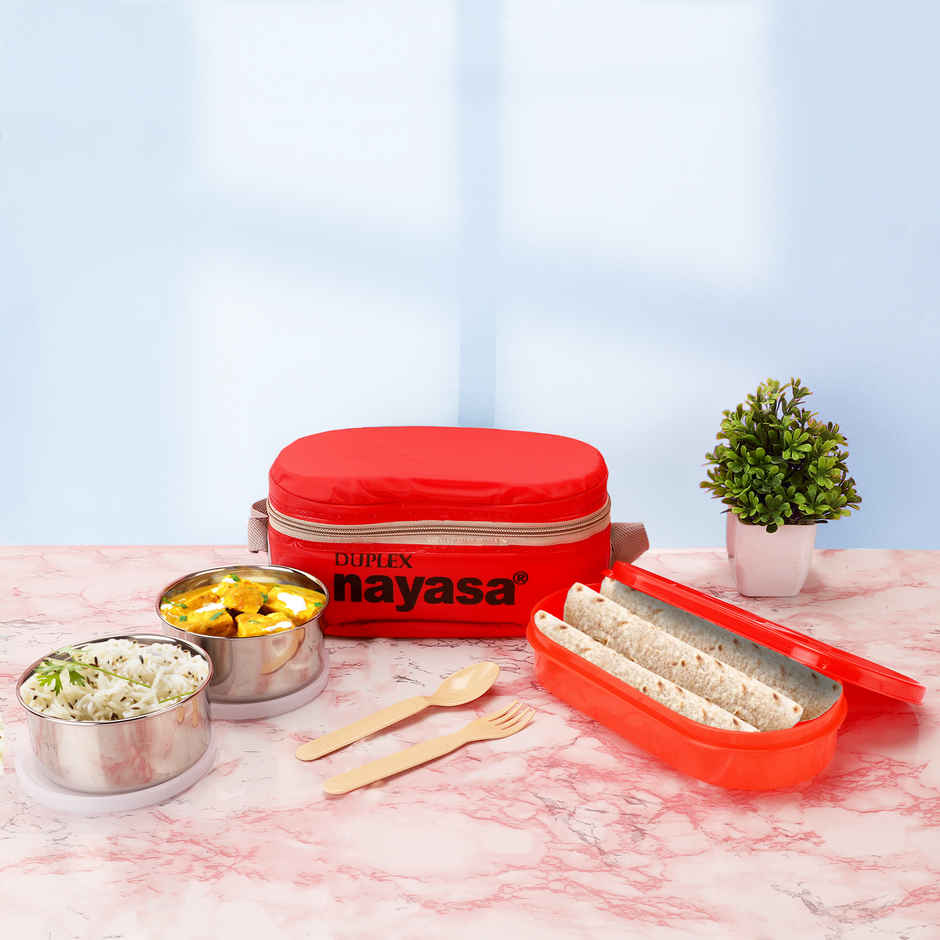 Nayasa Duplex Deluxe Stainless Steel Lunch Box Tiffin with Insulated Bag | Red