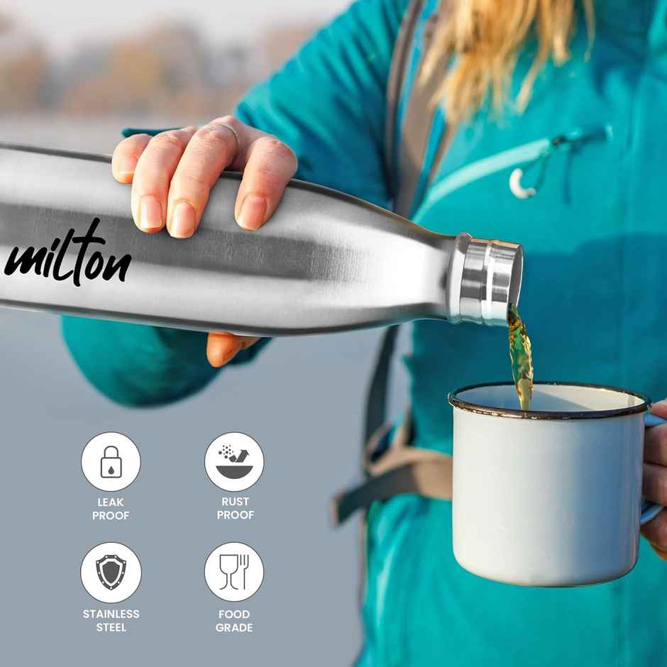 Milton Shine 1000 Stainless Steel Water Bottle | 900 ml Water Bottles | Single Walled | Silver