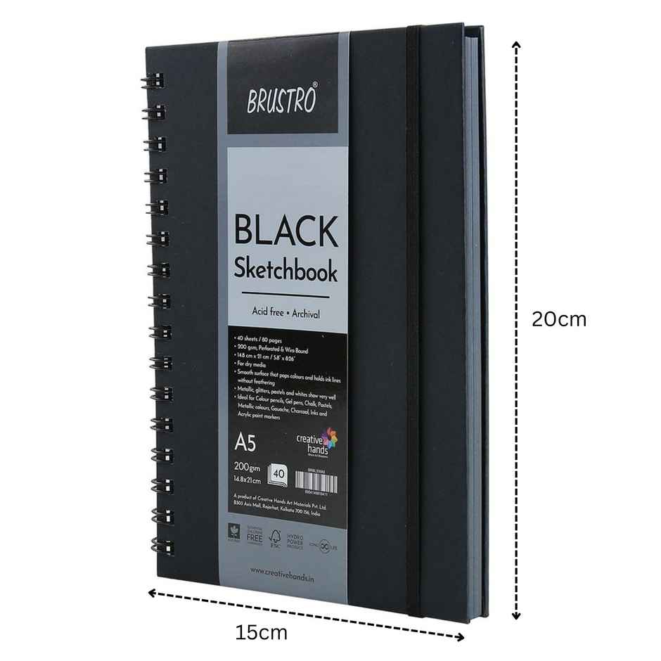 Brustro Black Sketchbook A5 200Gsm | 40 Sheets / 80 Pages | Wiro Bound