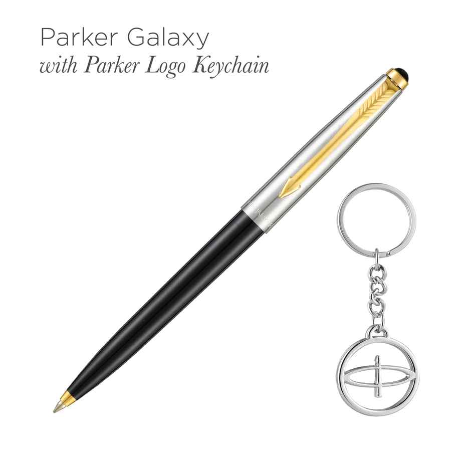 Parker Galaxy Standard Gold Trim Ball Pen with Silver Key Chain Gift Set | Ink Color- Blue
