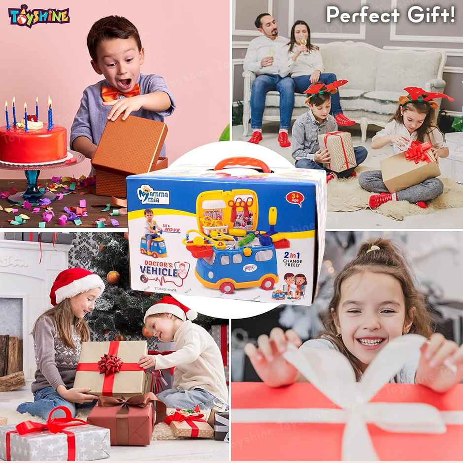 Toyshine 2 In 1 Doctor Vehicle Mini Bus Baby Ride On Cum Doctor Play 16 Pc Set For Kids