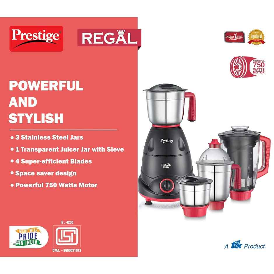 Prestige Regal Mixer Grinder, 750 Watts, 4 Super Efficient SS Blades, 2 Years Warranty, Black & Red