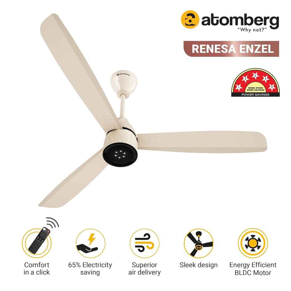 Atomberg Renesa Enzel BLDC Ceiling Fan,1200mm,Remote Control,BEE 5 Star,LED Indicator,Seasand Ivory