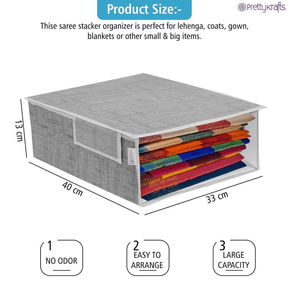 PrettyKrafts Stackable Saree Organizer Box - Grey Fabric Storage with Lid & Clear Window