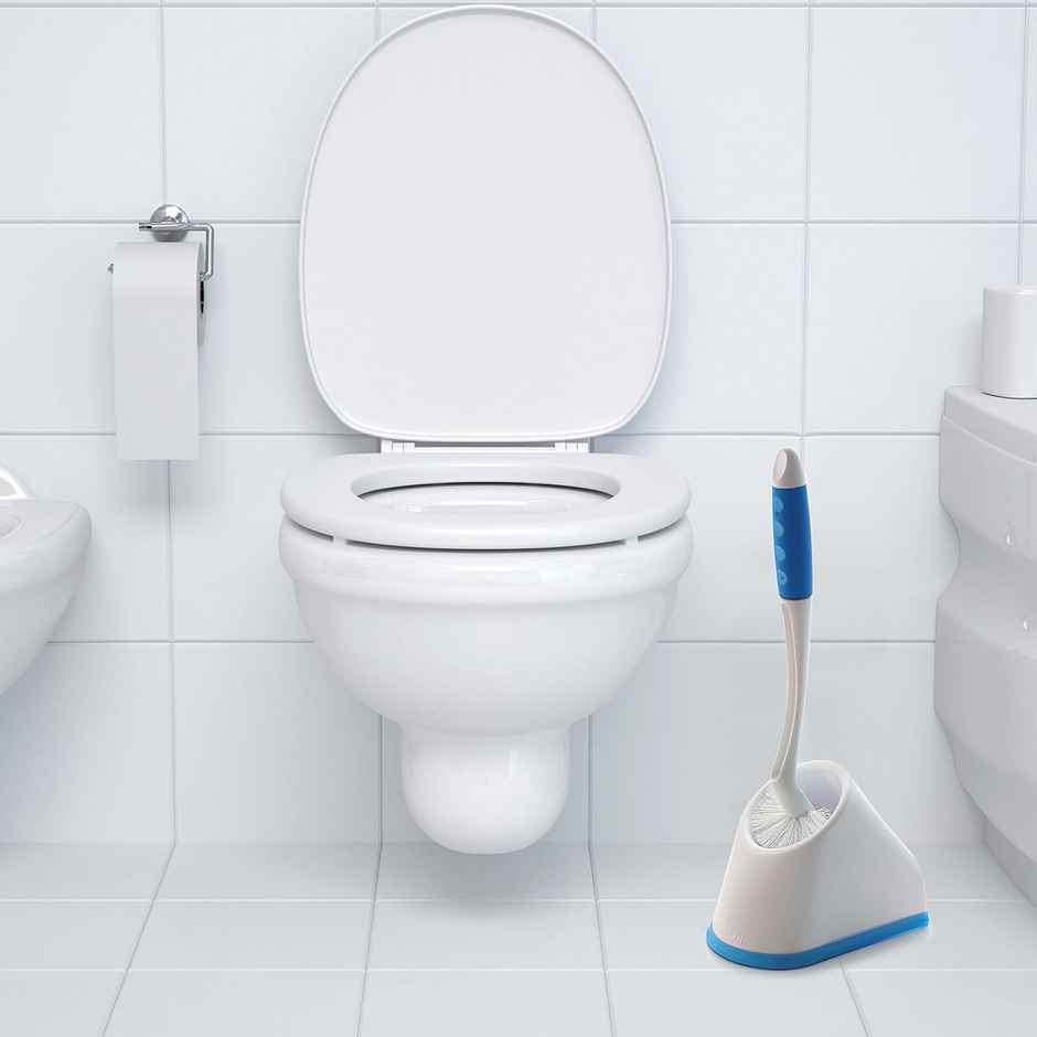 Cello Kleeno Angular Toilet Brush with Storage, Blue & White | Rubberised Handle For Firm Grip